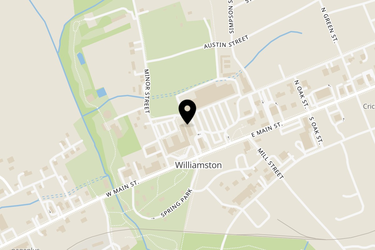 Map showing the location of MVPizza on 15 Pelzer Ave in Williamston